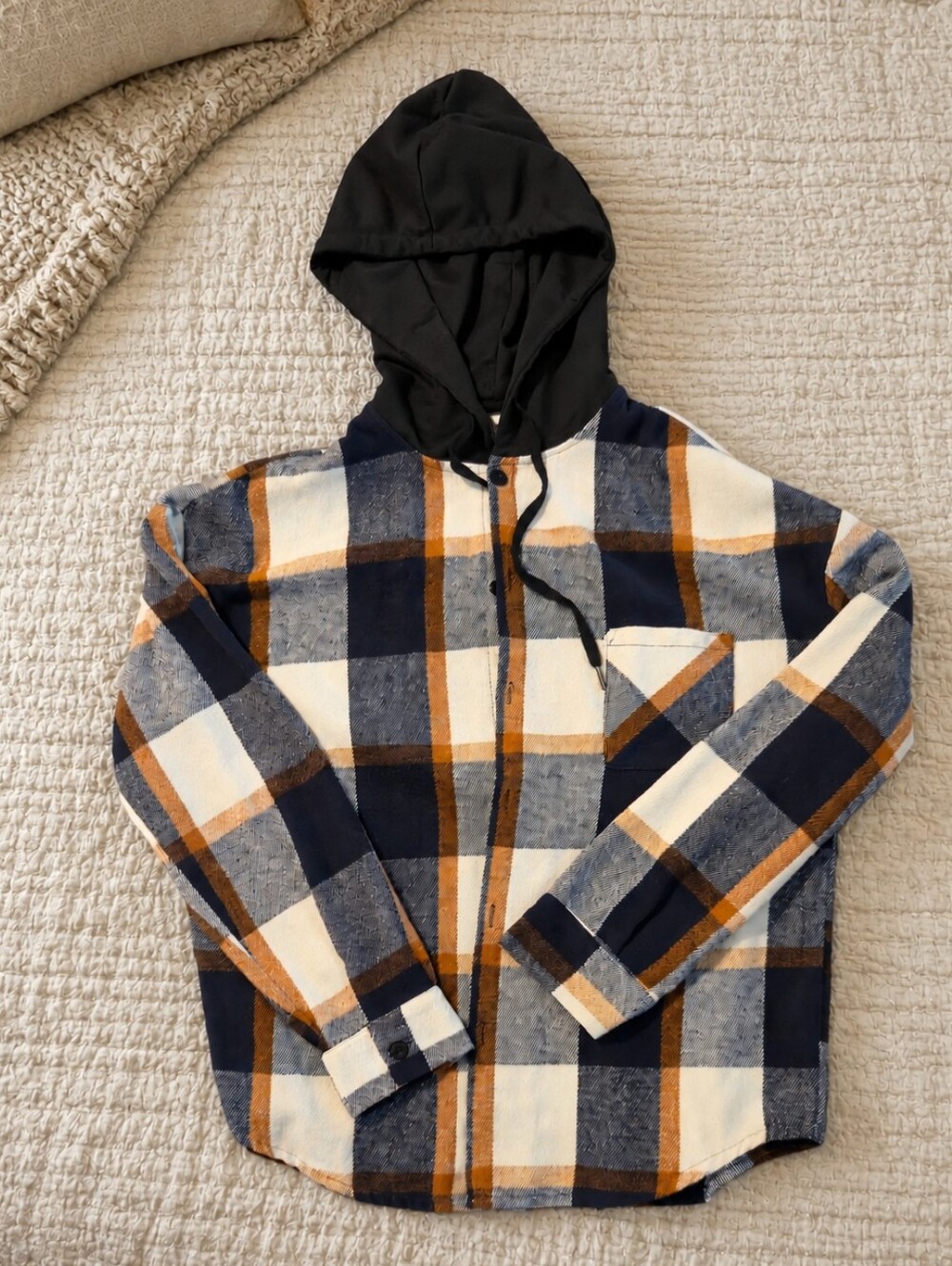 MANFINITY Black Gray Plaid Hooded Button-Up Shacket SZ L